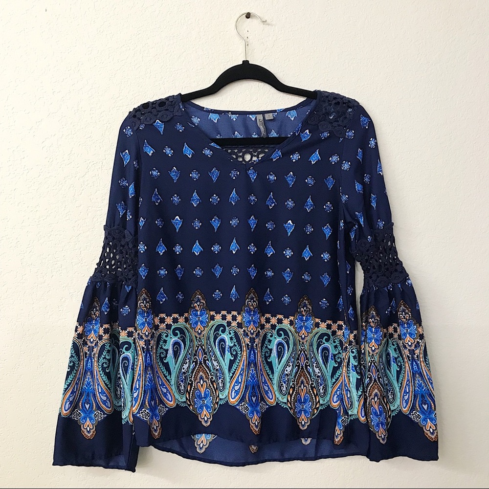 New Directions Paisley Bell Sleeve Peasant Blouse